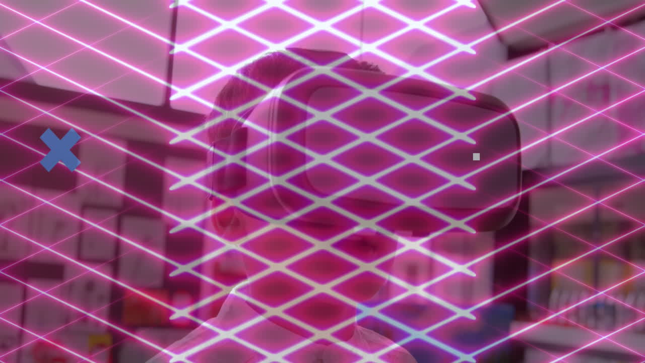 formas abstractas y una red de iconos digitales contra un niño que usa auriculares vr en la escuela