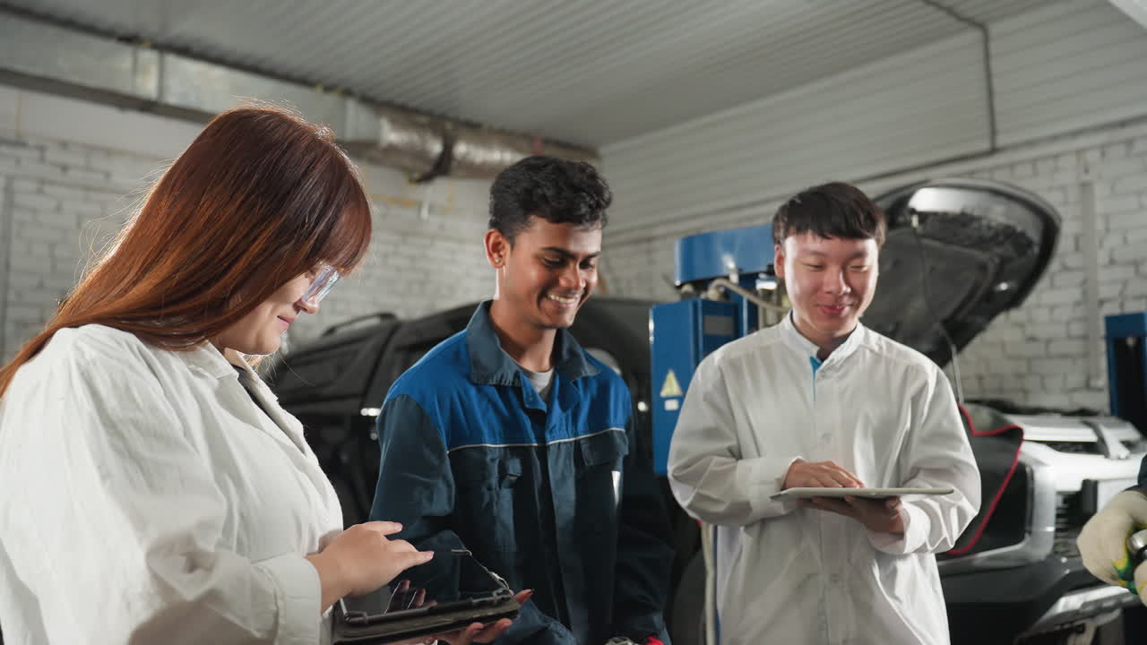 un mecánico demuestra herramientas a los estudiantes mientras una estudiante graba datos en una tableta, un estudiante observa con una sonrisa a un instructor con guantes que levanta el pulgar en un taller automotriz