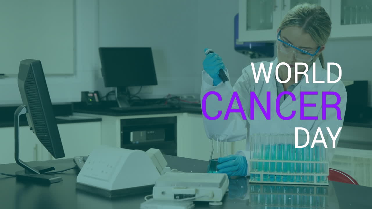 animación del día mundial del cáncer sobre una trabajadora de laboratorio caucásica con muestras