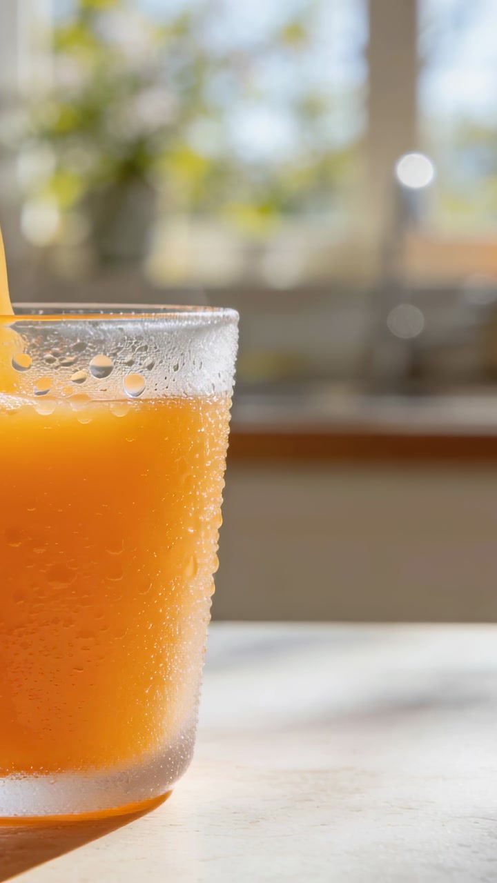 Vertical video: Settling textured glass with orange juice after pour on kitchen counter, copy space