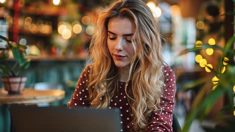 mujer joven trabajando en una computadora portátil en un café