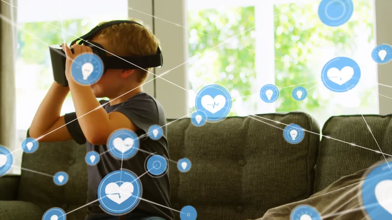 아이콘으로 연결된 네트워크의 애니메이션 vr 헤드 ⁇ 을 착용한 소년