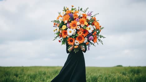 woman holding a large bouquet of flowers in a field
