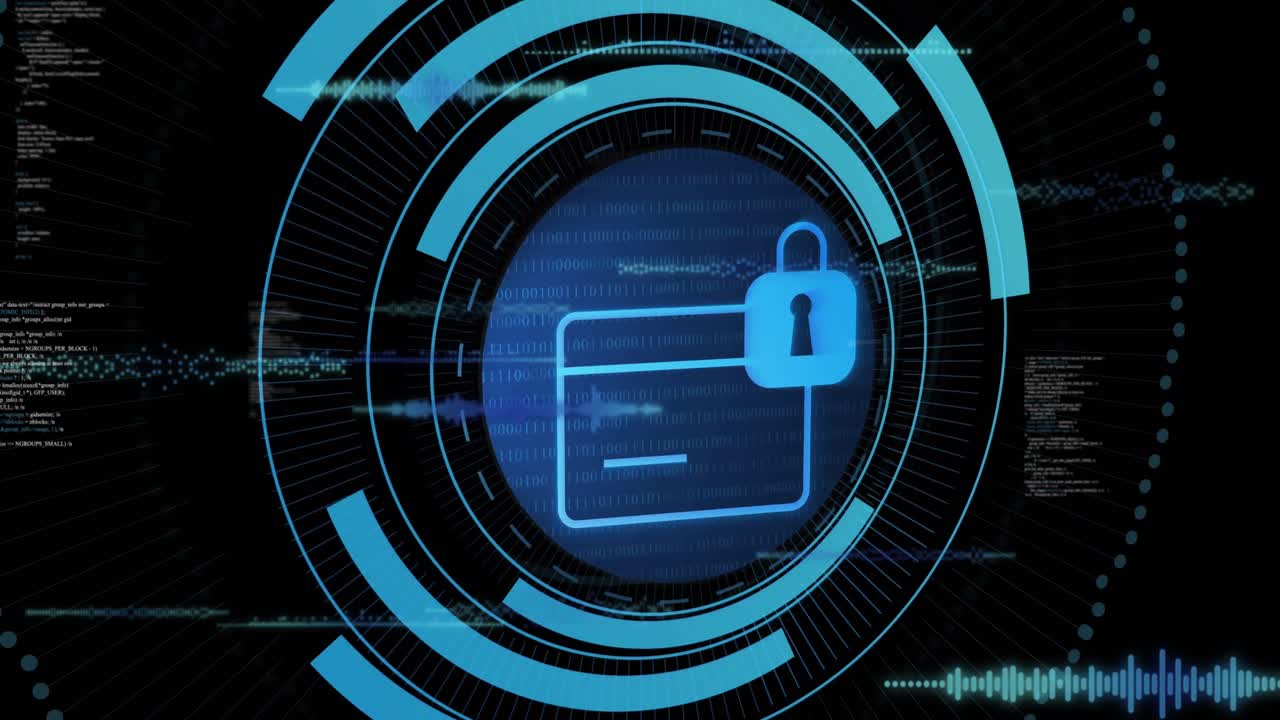 Glowing padlocked folder icon hovering, showing rotating 3D HUD rings and flowing binary code