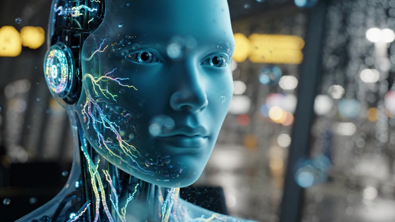 Robot umanoide futuristico con intricati circuiti luminosi e caratteristiche, ripreso in un ambiente moderno e bagnato dalla pioggia, che illustra tecnologia avanzata in un contesto urbano
