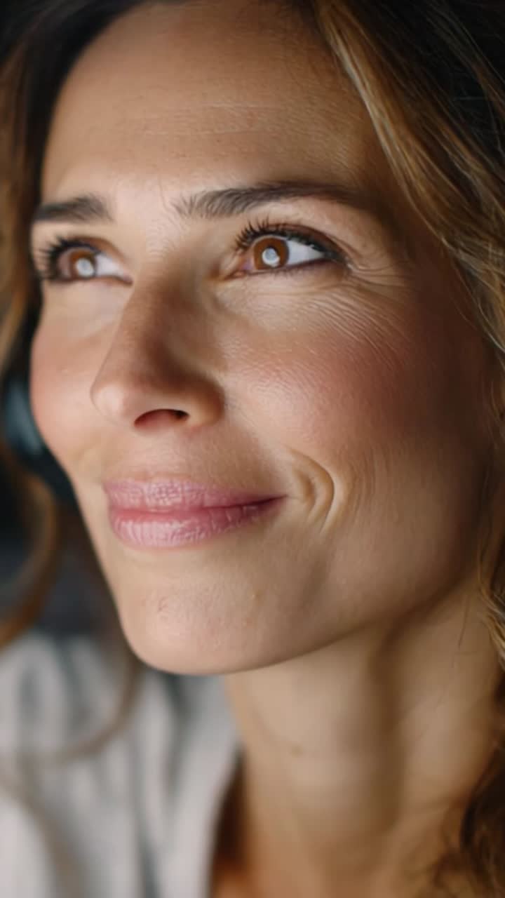 Captivating Emotions: A Journey from Joy to Tranquility Captured in Two Frames, Showcasing a Woman's Radiant Smile and Expressive Eyes in Intimate Close-ups