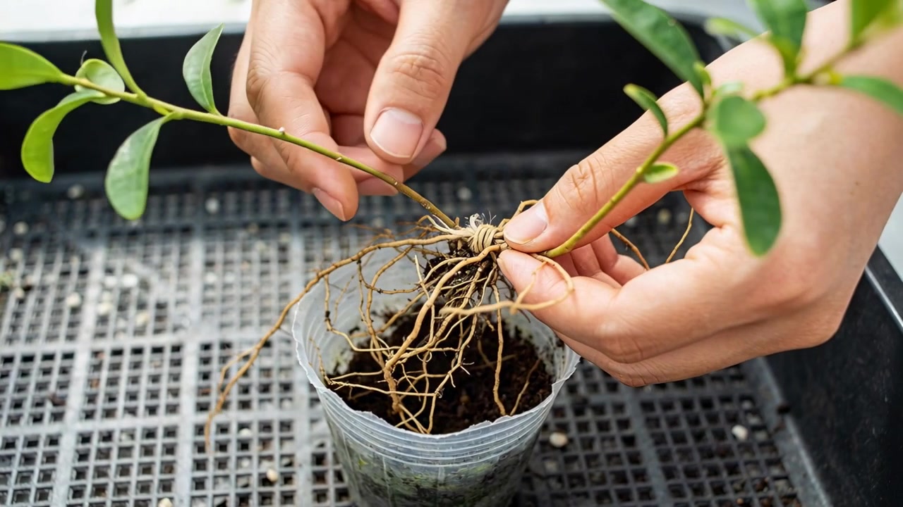 Lifting bare hands steadying clear pot with two cuttings on balcony bench teasing roots for potting