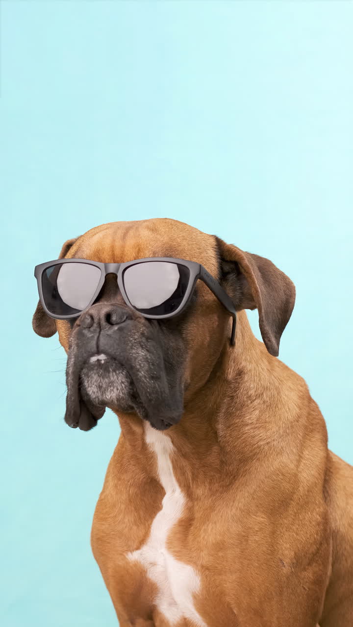 Divertente cane boxer che posa con occhiali da sole su sfondo blu
