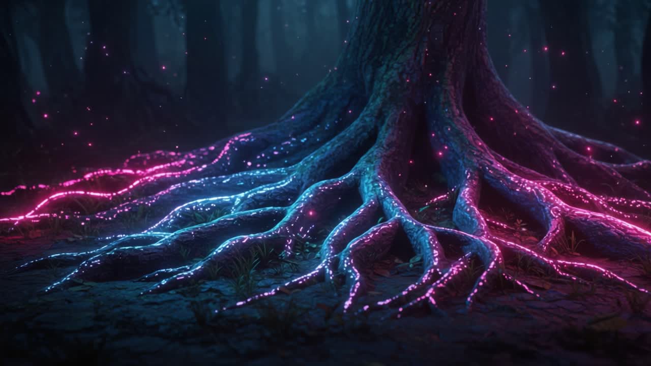 A Mesmerizingly Colorful Tree with Glowing Roots in a Mystical Forest: A Beautiful Display of Nature's Luminescence and Enchantment