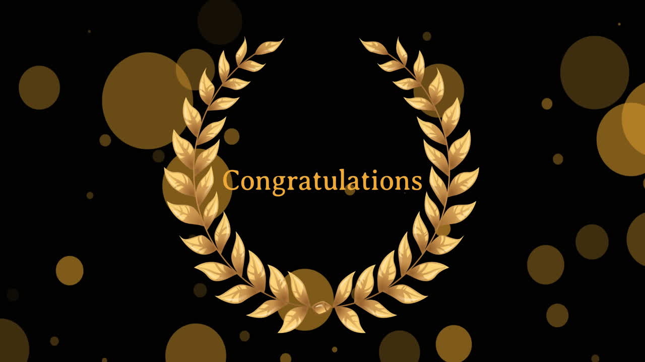 Animation of floating golden dots and congratulations in wreath on black background