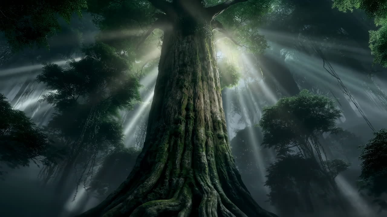 Ancient Tree in a Mystical Sunlit Forest