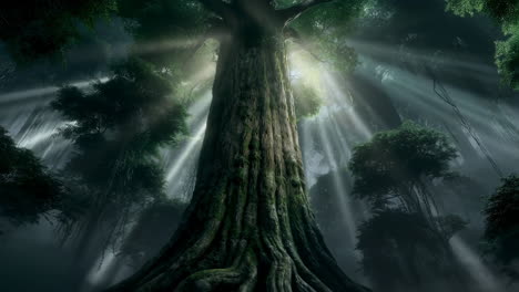 ancient tree in a mystical sunlit forest