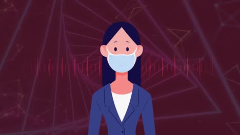 Animation-of-businesswoman-with-face-mask-icon-over-moving-shapes