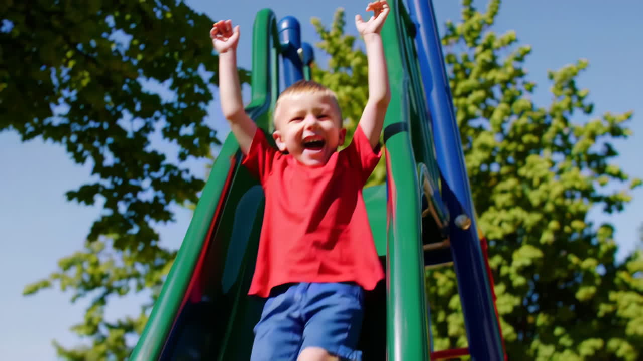 Happy young boy enjoying a slide at the playground