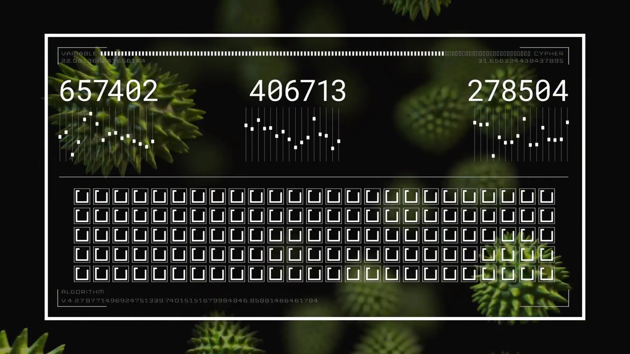 Sfere verdi fluttuanti che fanno apparire un HUD e aggiornano le letture della salute, griglia e progresso.