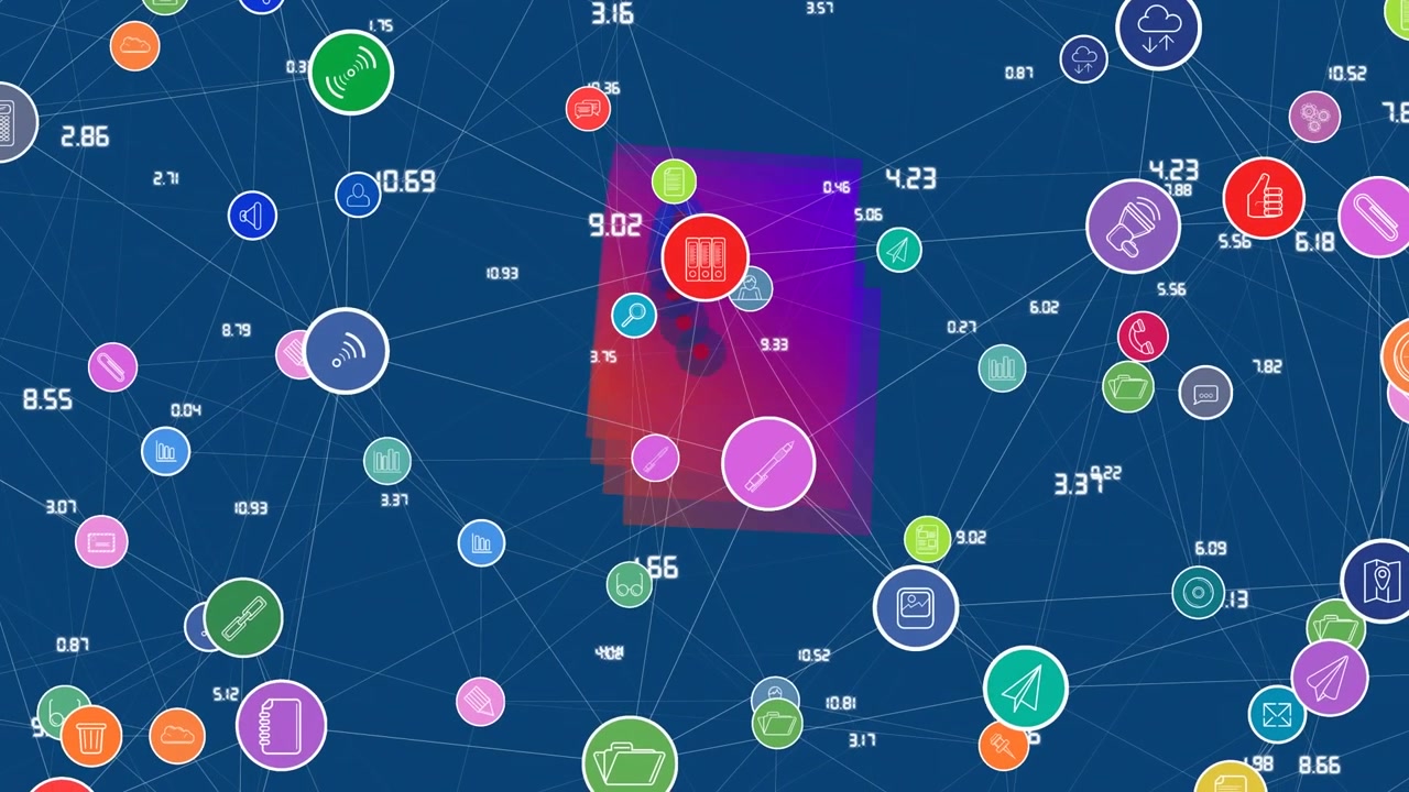 Animation of multicolored icons connected with lines over moving abstract pattern in background