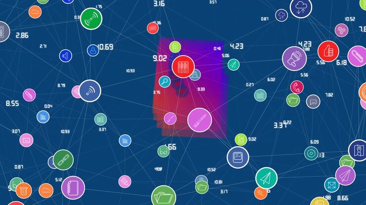Анимация разноцветных значков, соединенных линиями, на фоне движущегося абстрактного узора.