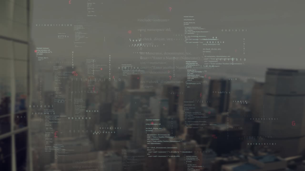 On data ping, HUD spreading over city skyline, showing binary code and glyphs visualizing data