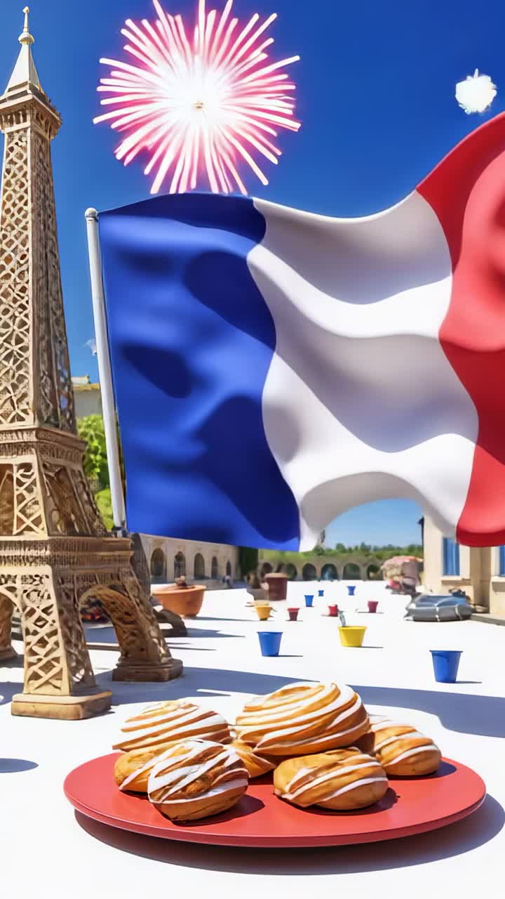 Vertical video: Bursting fireworks above pole while French flag waving on table with Eiffel Tower