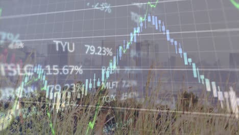 animation of financial data processing over cityscape