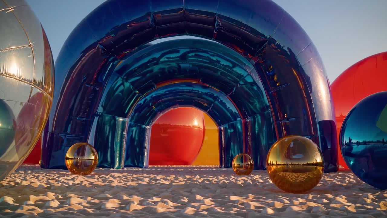 Inflatable rainbow arch and reflective spheres create a surreal and dreamy landscape on a sandy beach, bathed in the golden light of either sunrise or sunset