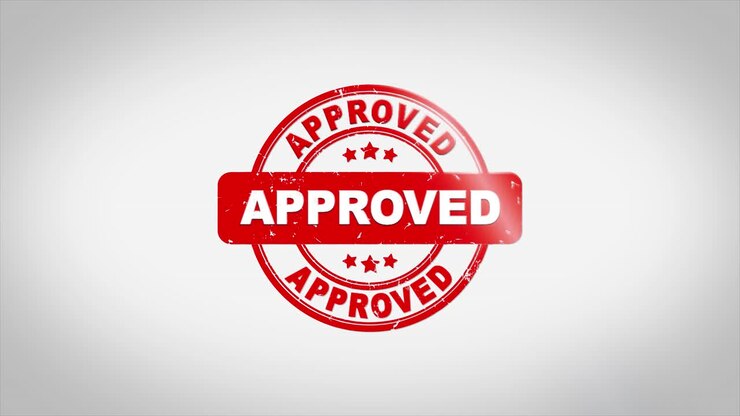 Approved signed stamping text wooden stamp animation red ink on clean white paper surface background
