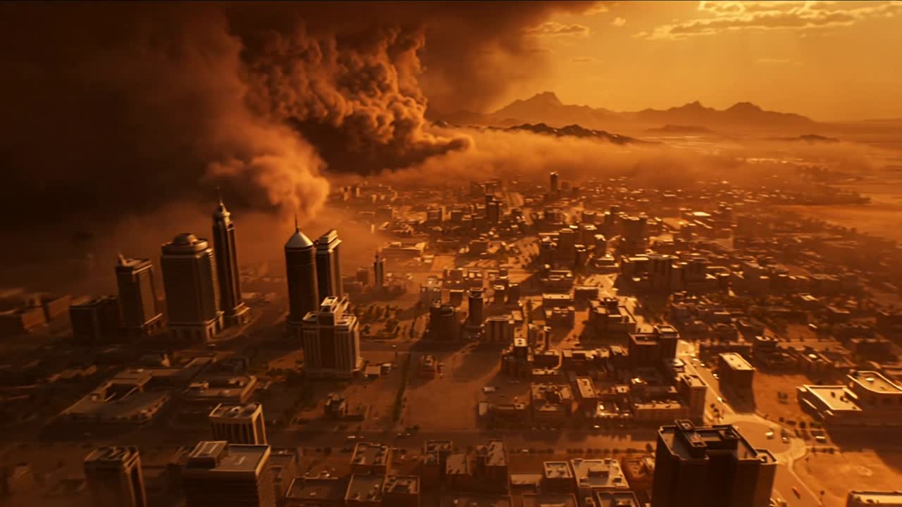 Una columna de polvo que avanza engulle el horizonte del centro de la ciudad, atenuando la cuadrícula urbana, con torres y montañas