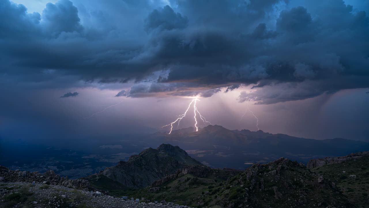 Temporale carico lampeggiante che invia fulmini dopo la scarica iniziale attraverso la cresta e la valle della montagna.