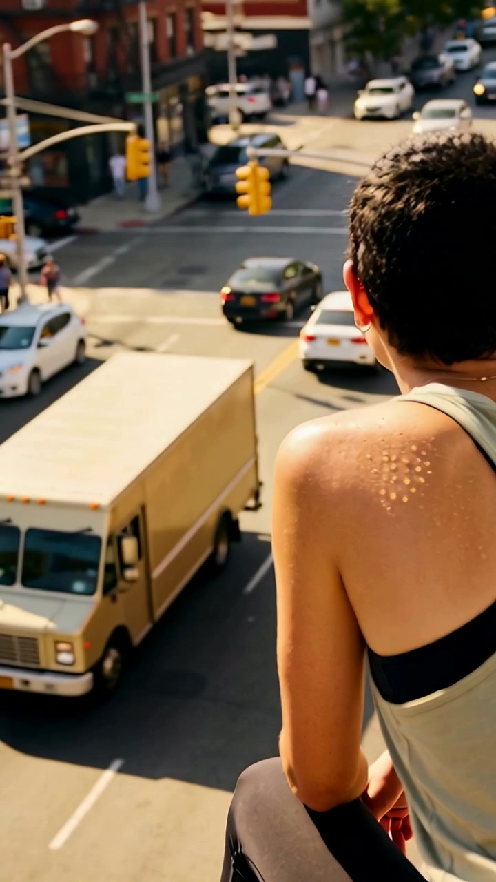 Vertical video: Watching woman on roof edge wearing tank tracking truck approaching, copy space