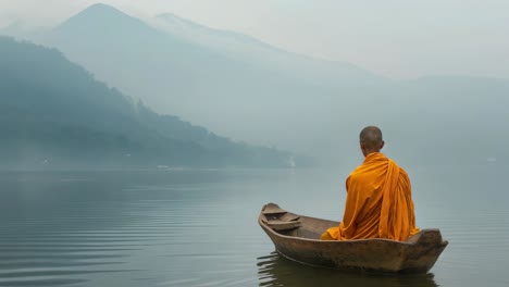 monk meditating on a boat in a misty landscape