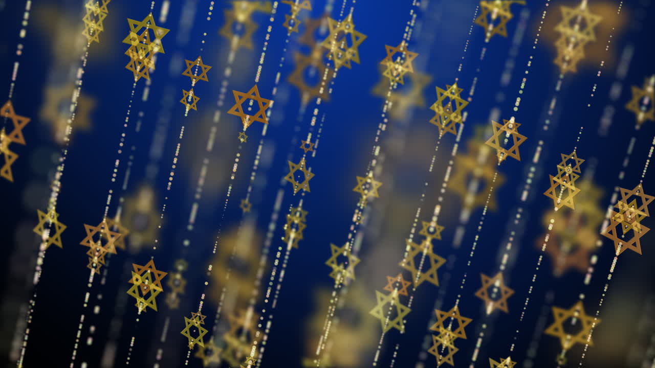 Golden Stars of David on thin threads rotate. Animated blue background with traditional symbol of Israel.
