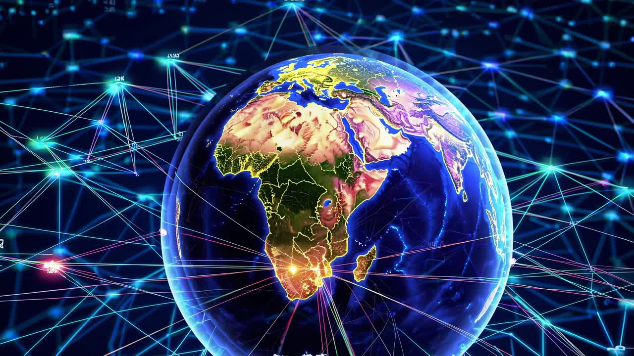 Aerial view of Earth with glowing network lines, illustrating global connectivity