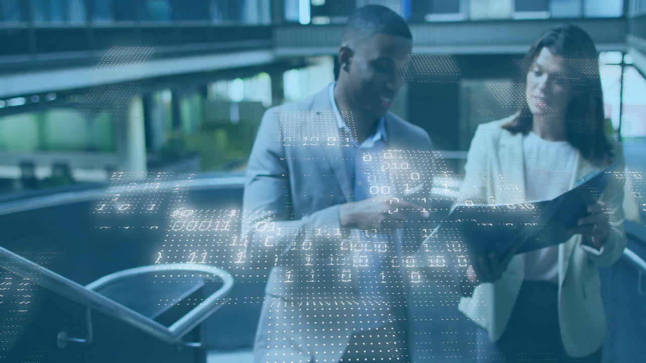 In modern office, business professionals discussing data with animation overlay