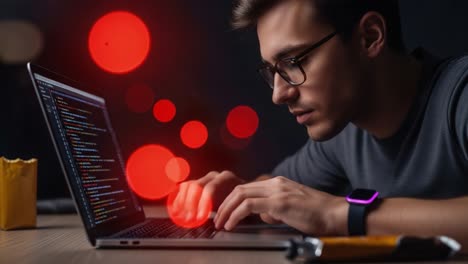 focused programmer writing code late at night on a laptop with colorful bokeh background, demonstrating concentration and skill in software development