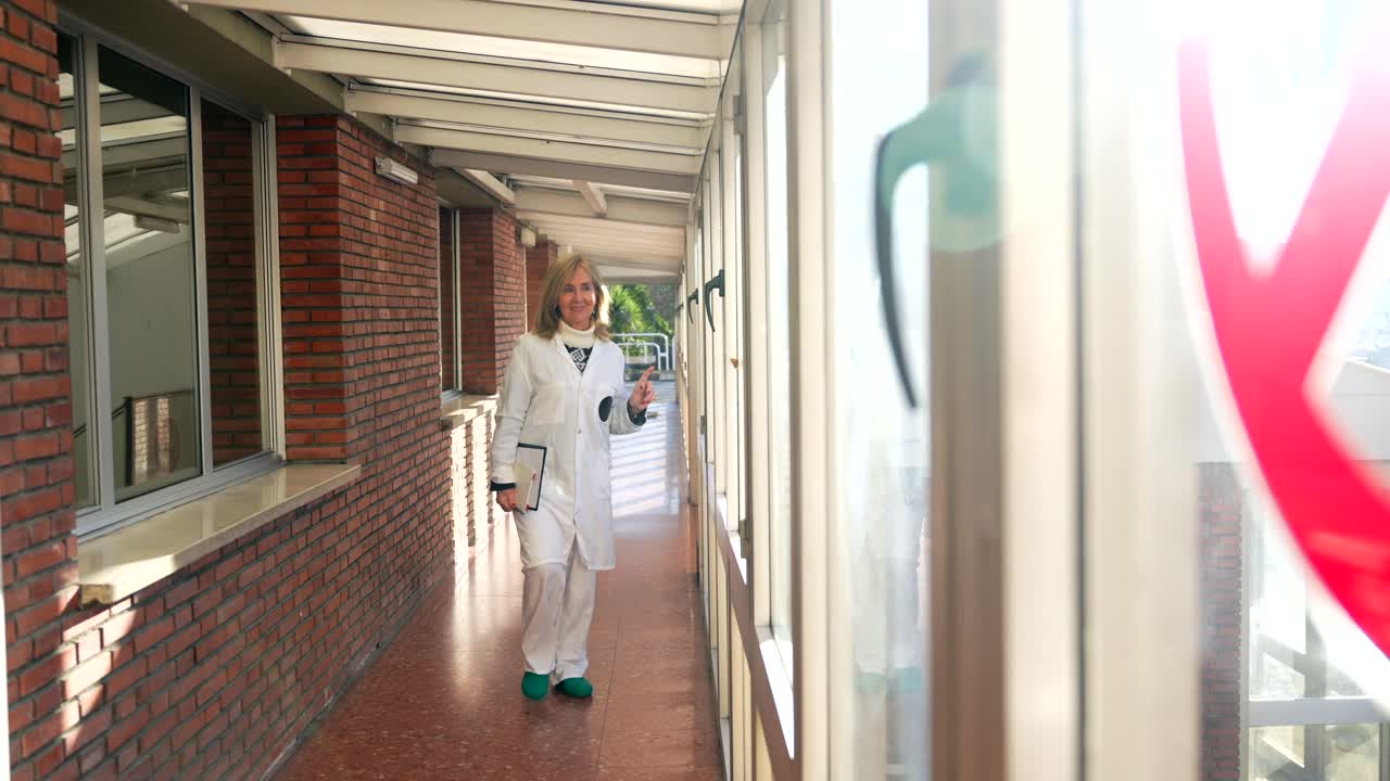 Cientista de jaleco andando pelo corredor
