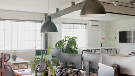 Empty-modern-office-with-computers,-plants-in-pots-and-big-windows