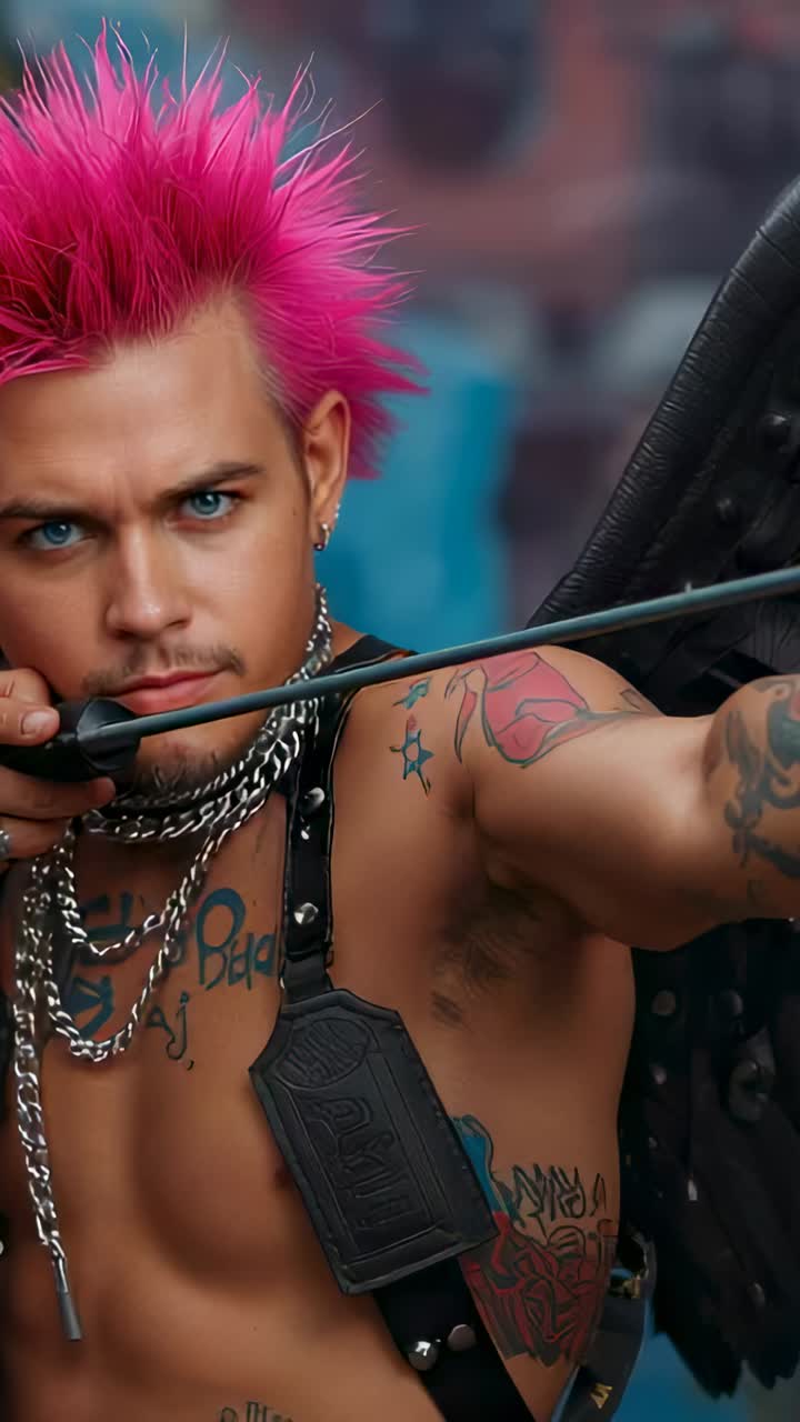 Vertical video: Drawing bow aiming releasing smiling shirtless man pink hair in closeup with chains