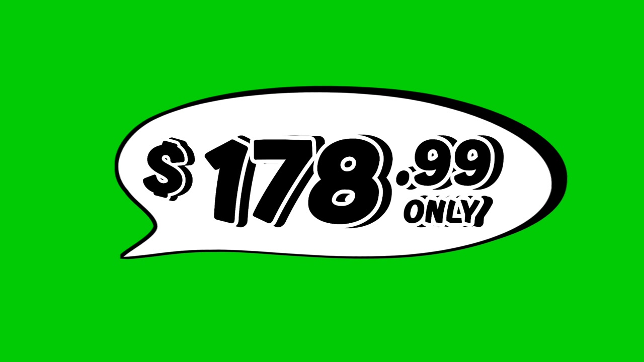 price tag $178.99 Dollars in speech bubble animation motion graphics on green screen background. Perfect for ads, e-commerce, retail, discounts, and promotion business concept video element