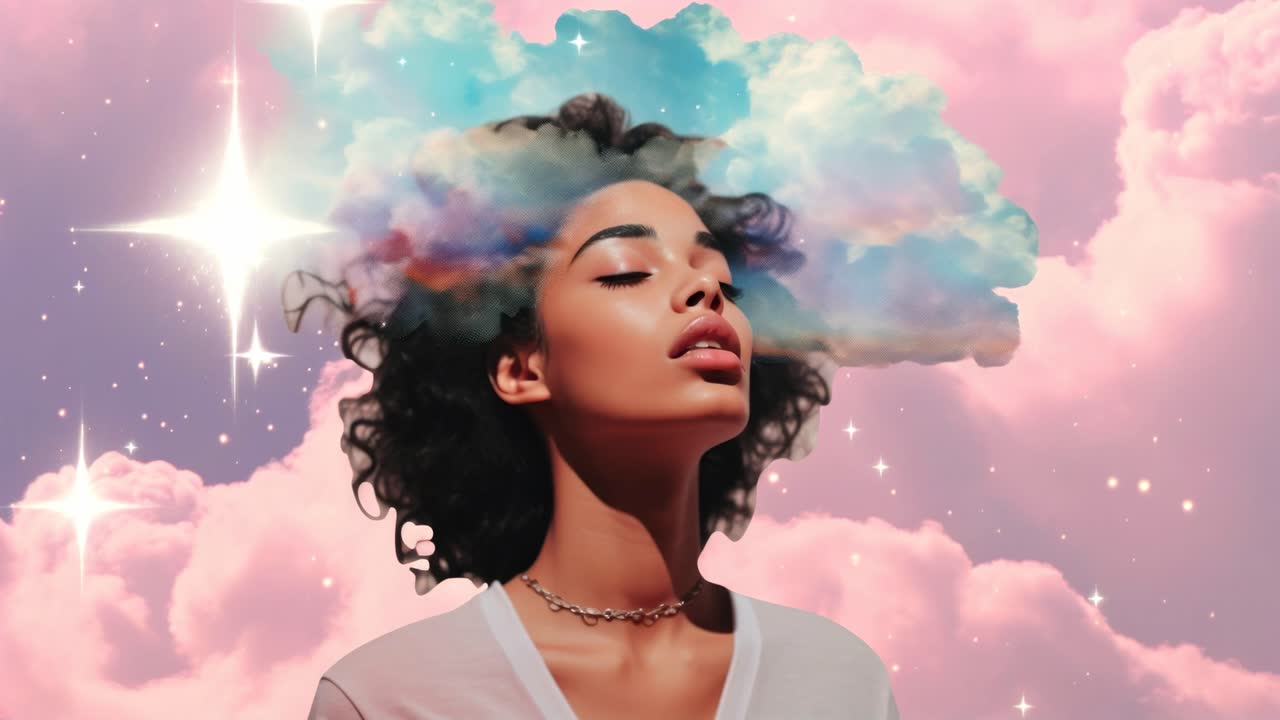 A dreamy, surreal video concept with a low-angle shot of a woman gazing upwards, surrounded by pink