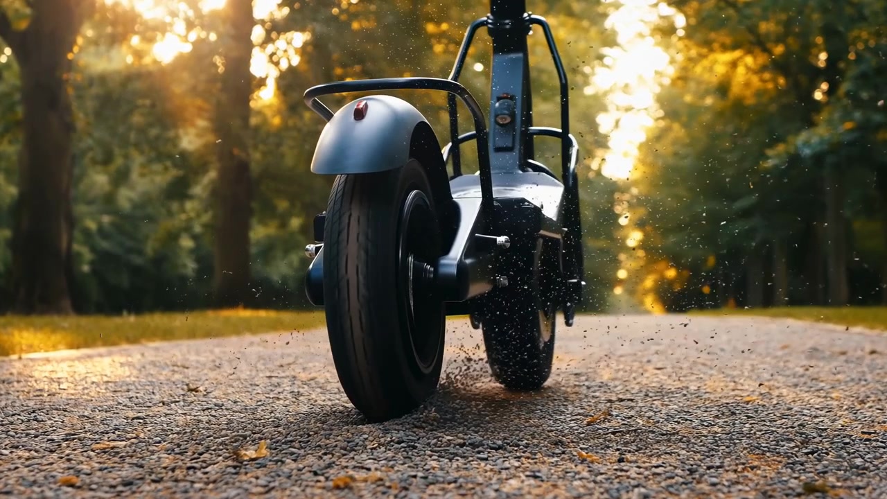 Inquadratura posteriore a terra che mostra la ruota di uno scooter elettrico su un sentiero di ghiaia grossolana in un parco alberato durante la luce dorata, con polvere, texture e morbide ombre retroilluminate