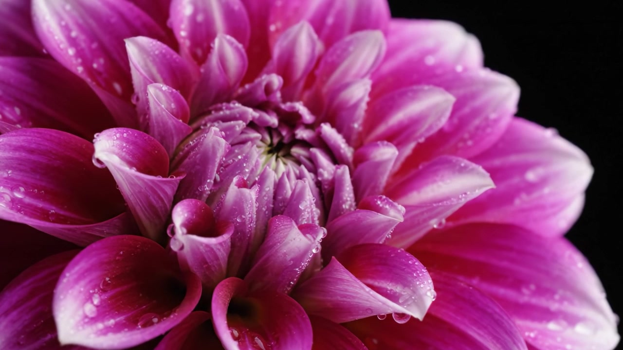 Uno splendido primo piano di un vivace fiore rosa con goccioline, che mostra petali intricati e trame lussureggianti su uno sfondo scuro.