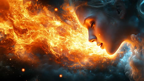 fire and light blend in powerful portrait of a woman with flames