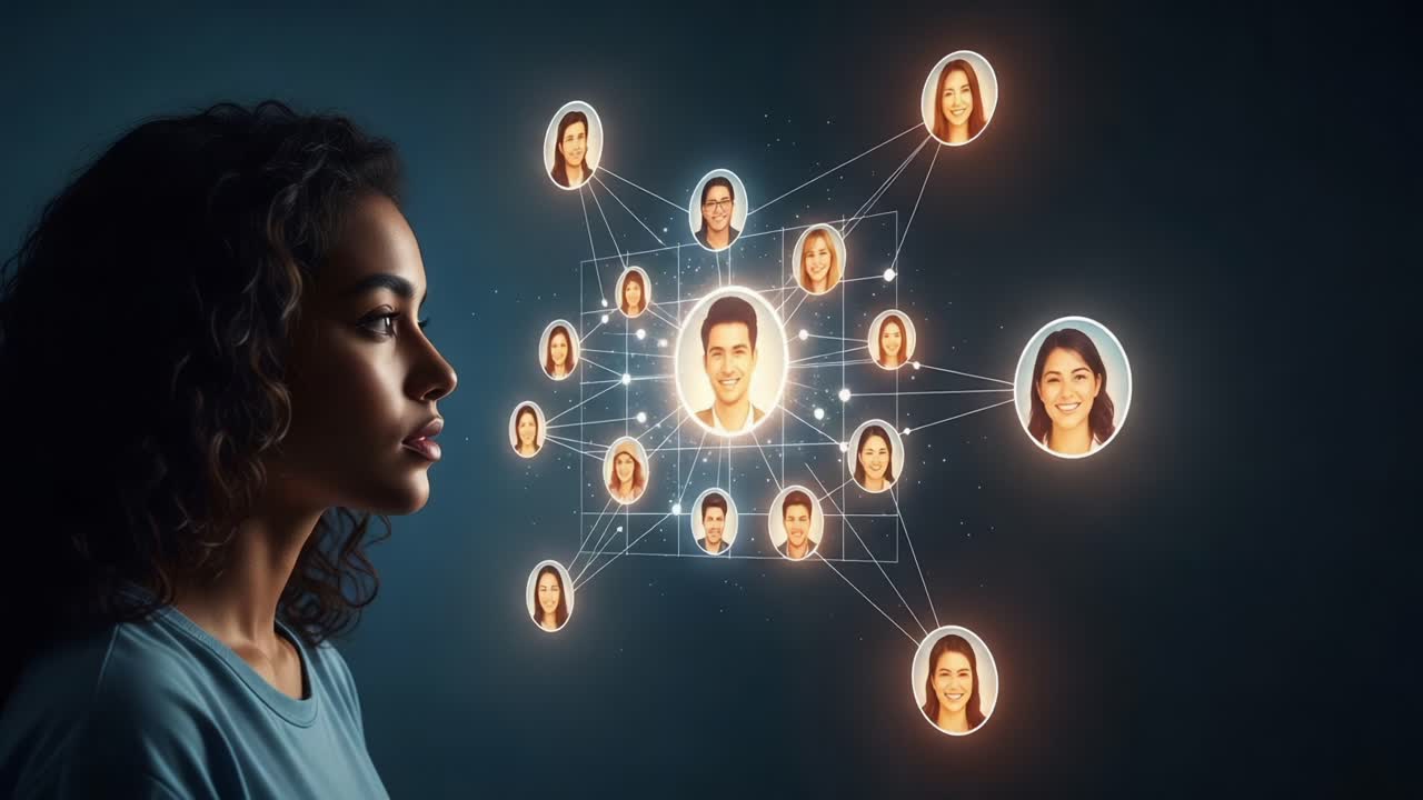 A Woman Contemplating a Network of Connections: The Power of Social Interaction and Digital Relationships Represented by a Web of Faces