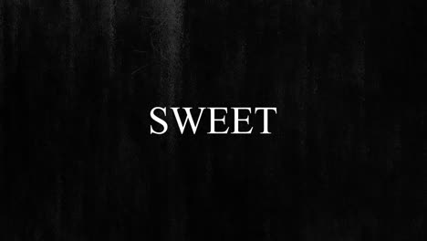 Animation-of-flickering-text-sweet,-with-white-vertical-scratch-lines-moving-on-black-background