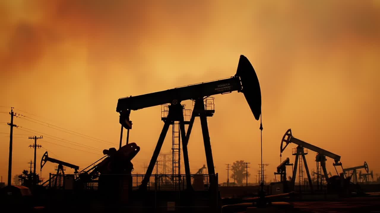 A Dramatic Silhouette of Oil Pump Jacks Against a Fiery Sky, Highlighting the Industrial Essence of Energy Extraction at Dusk