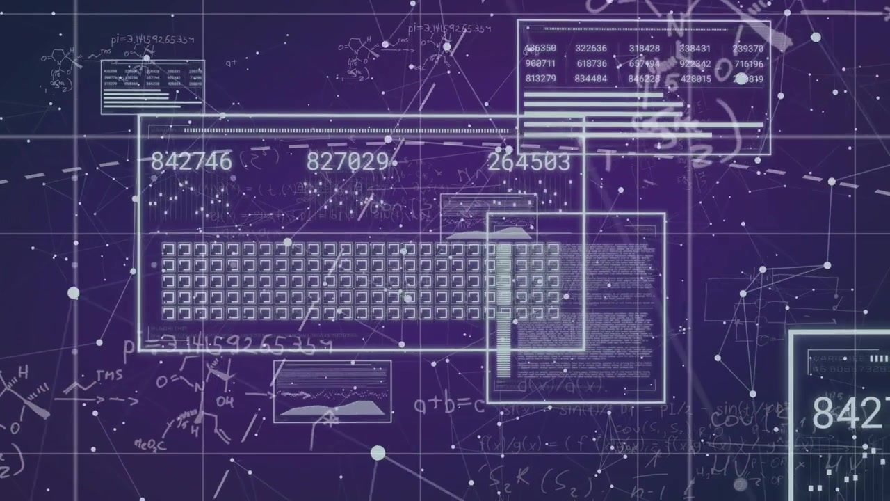 On purple grid loading, wireframe keyboard expanding, updating numeric panels for live analytics