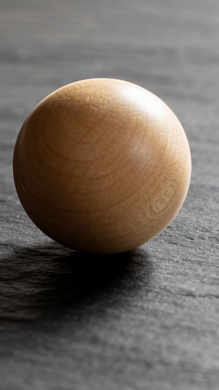 Vertical video: Rotating wooden sphere shifting left on slate, showing grain, highlight and shadow