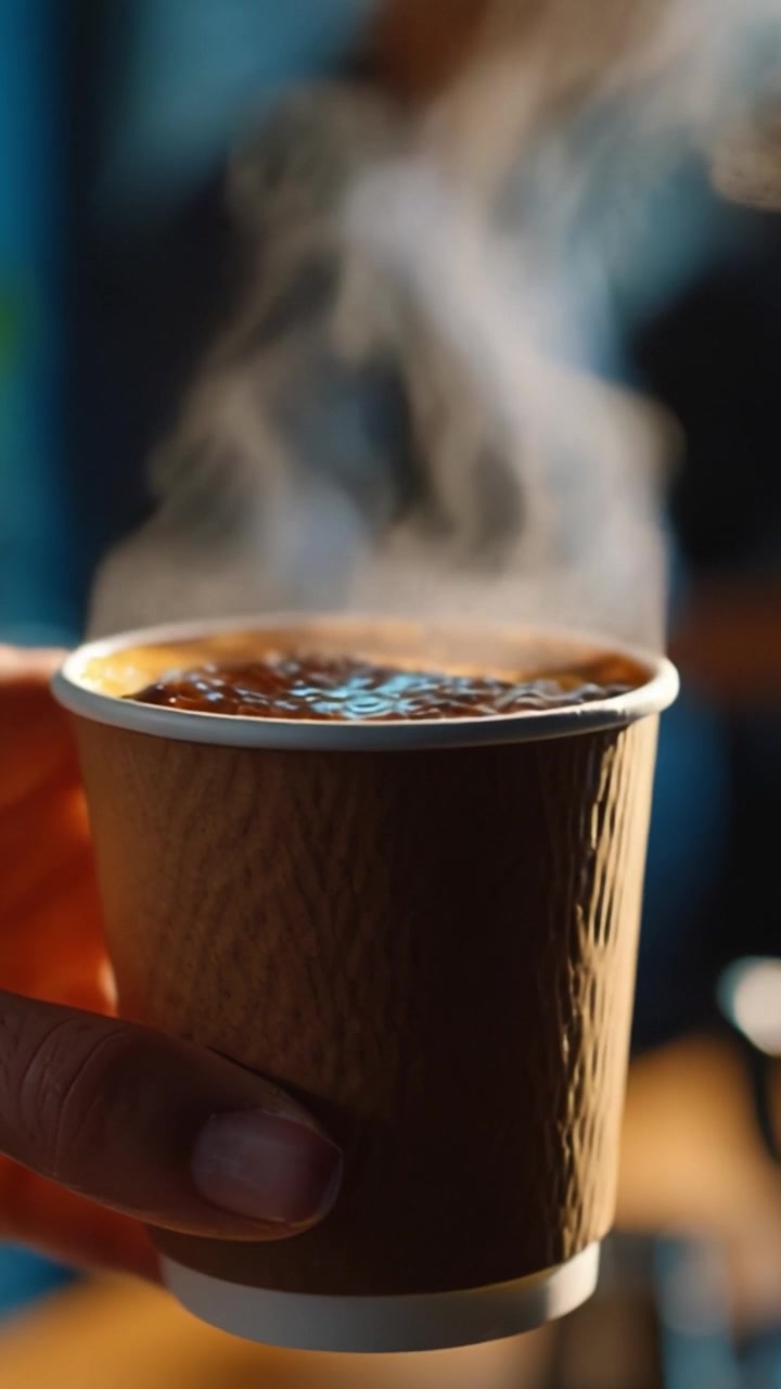Uap yang Memukau Mengepul dari Kopi yang Baru Diseduh dalam Gelas Sekali Pakai yang Dipegang Tangan di Suasana Nyaman dengan Latar Belakang Biru Cerah