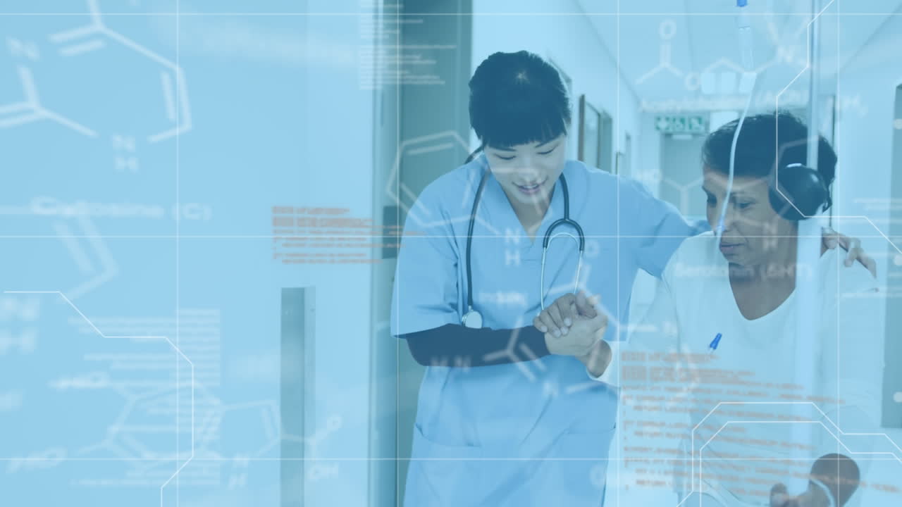 병원에서 간호사와 환자가  ⁇ 는 것에 대한 화학 구조물과 데이터 처리