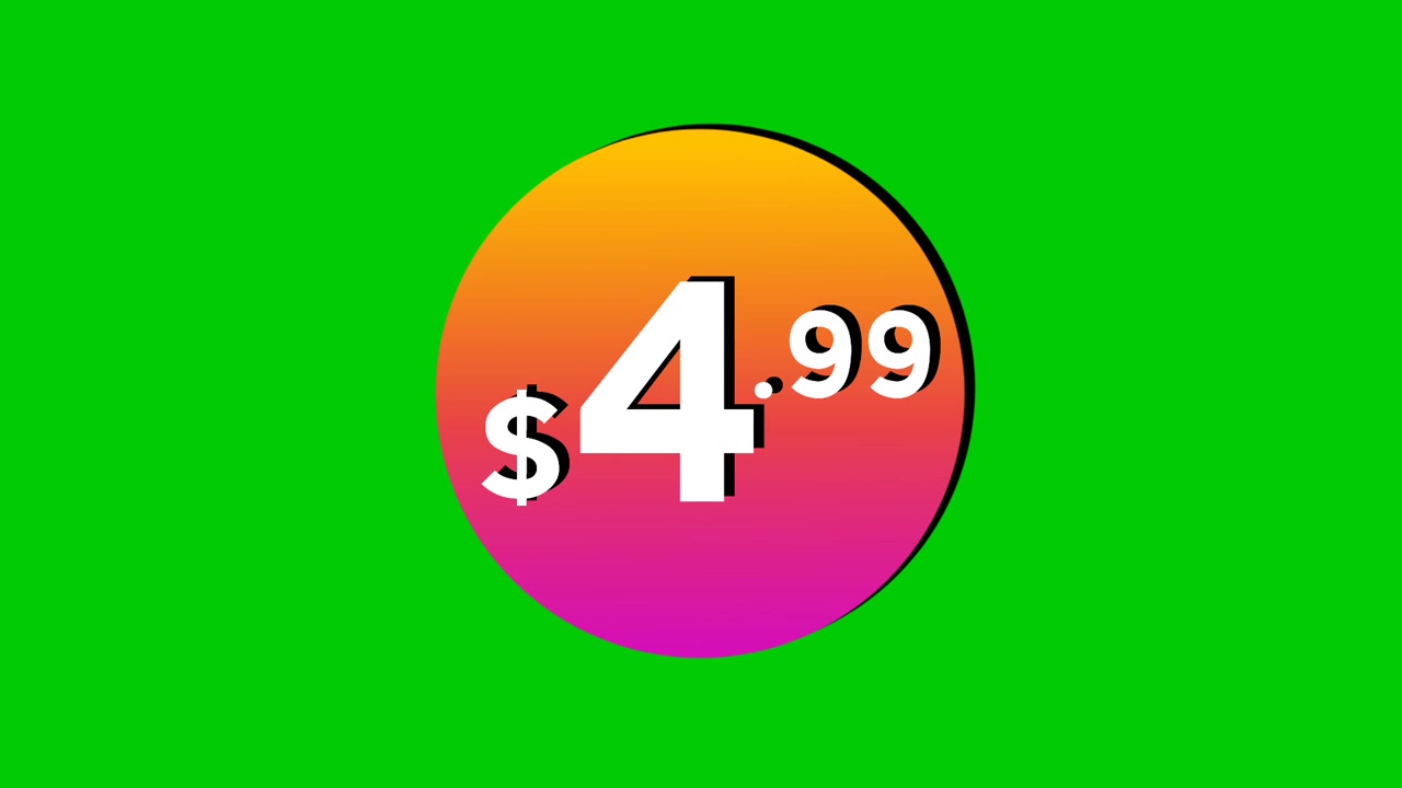 Animazione del cartellino del prezzo di 4,99 dollari con grafica in movimento a cerchio colorata su sfondo a schermo verde. Perfetto per annunci pubblicitari, e-commerce, vendita al dettaglio, sconti e come elemento video per concetti di promozione aziendale.